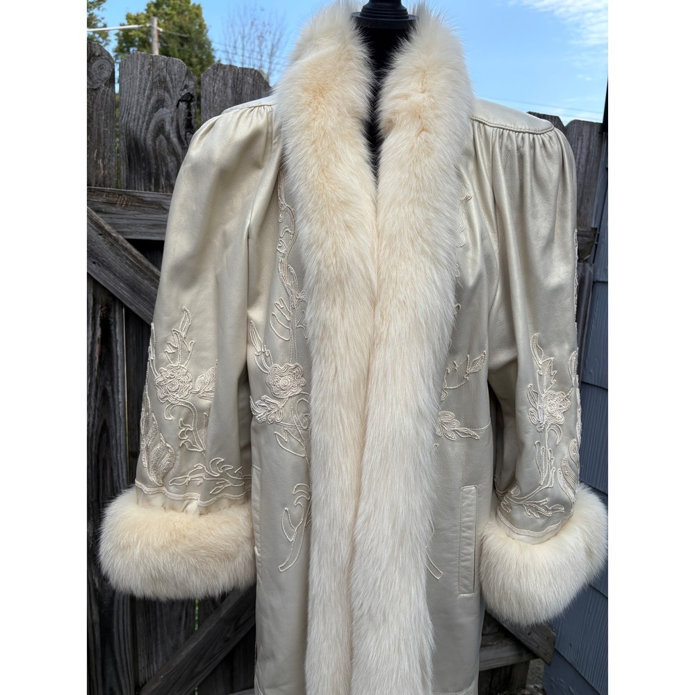 VTG DERO Rocco D'Amelio Full Length Fox Fur Leather Coat Embroidery Mob Wife Med